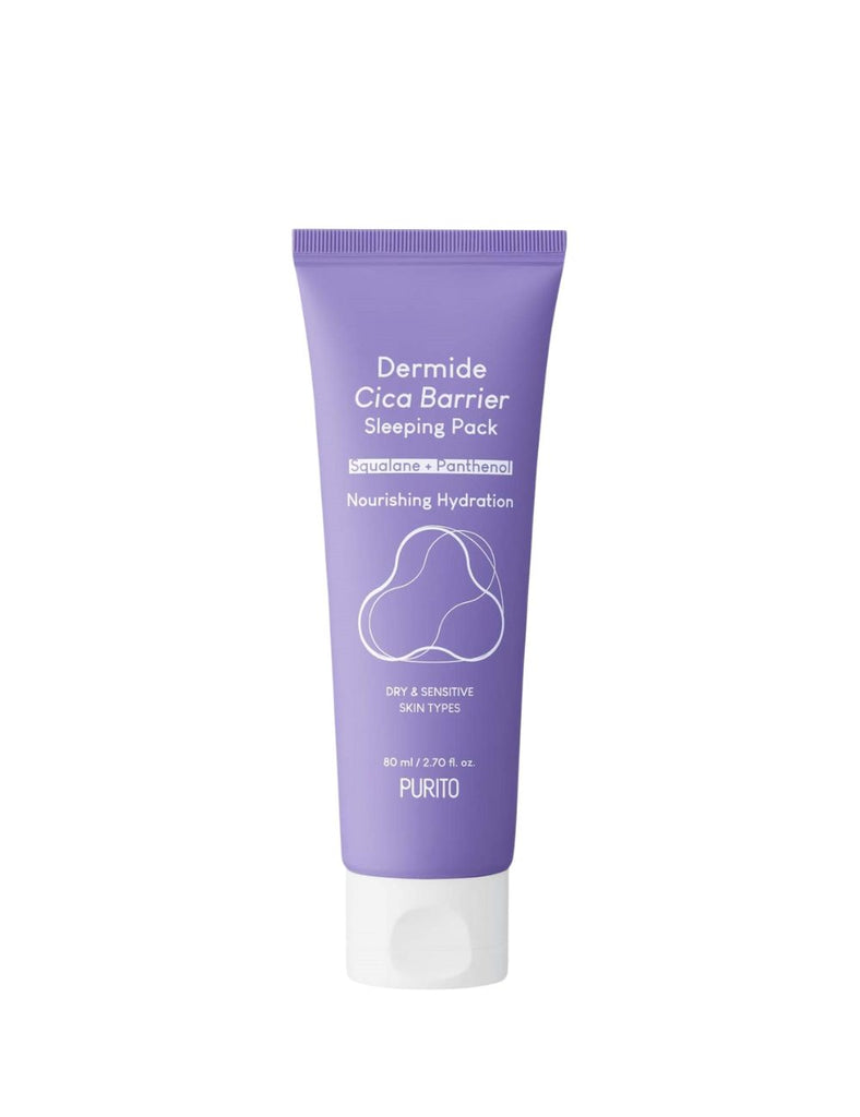 Purple tube of Dermide Cica Barrier Sleeping Pack on a white background