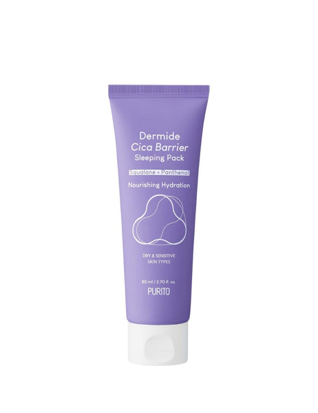 Purple tube of Dermide Cica Barrier Sleeping Pack on a white background
